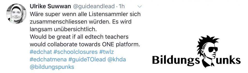 Screenshot einer Twitternachricht in der Ulrike Suwwan darum bittet, dass alle Listensammler sich zusammenschliessen.
